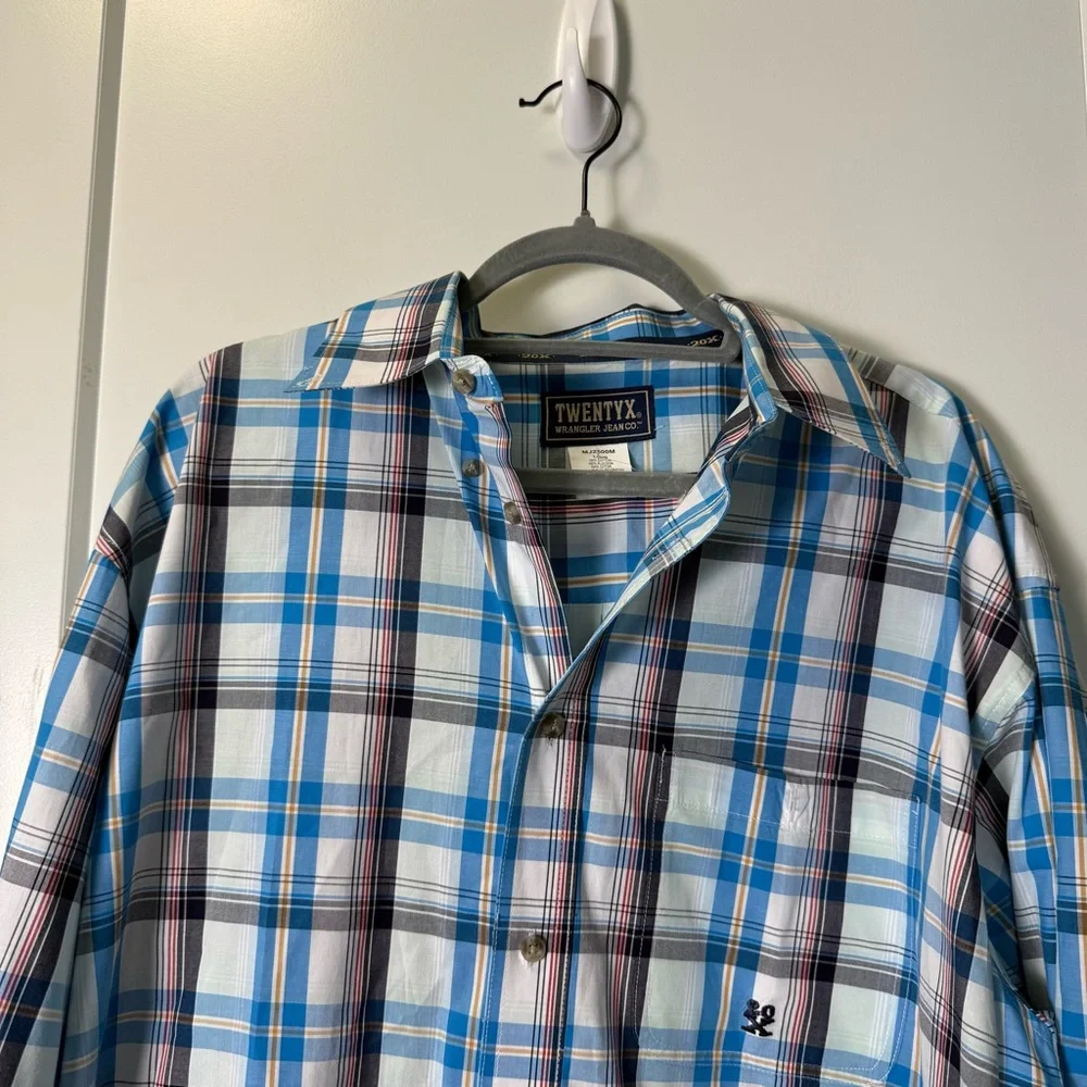 Wrangler TwentyX Mens Blue White Plaid‎ Cotton Dress Shirt Western Button Down L